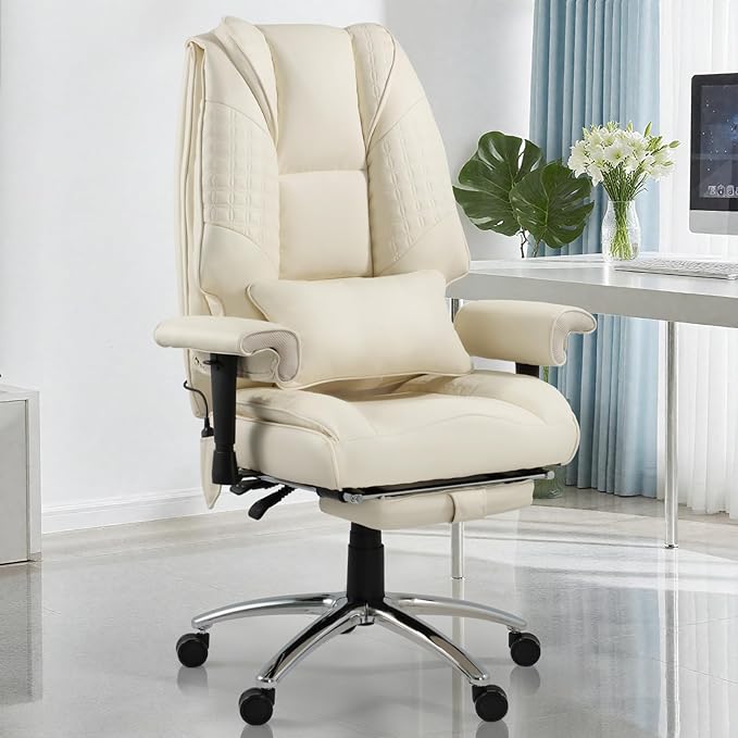 Massage & Heated Office Chair with Foot Rest, Ergonomic Executive Office Chair with Reclining Backrest, Adjustable Arms and Lumbar Support, High Back Leather Desk Chairs for Home Office, Beige