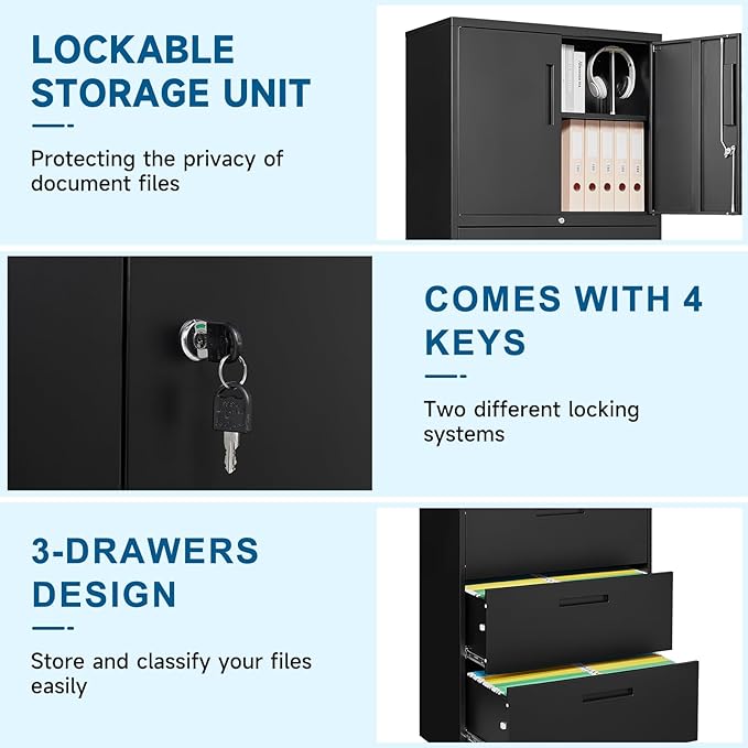 Vertical/Horizontal File Cabinet - 3-Drawer, Locking Metal Cabinet for Home Office, Storage for Legal/Letter/A4 Files - Assemble Required (Black)