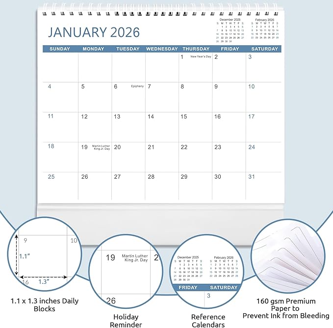 SKYDUE Desk Calendar 2025-2026, Jul 2025 to Dec 2026, 18 Months Small Desk Calendar with Planner Stickers, 10" x 8" Desktop Calendar Planner Standing Flip, Blue