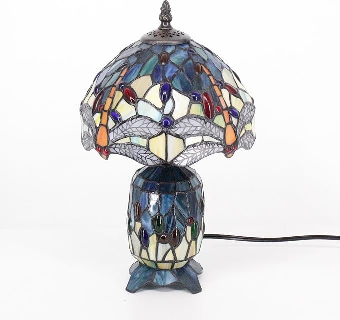 Small Tiffany Lamp Stained Glass Table Lamp Mini Mother Daughter Vase Desk Accent Night Light for Bedroom Bedside Reading Home Antique Style 8X14 Inches (Sea Blue Yellow)