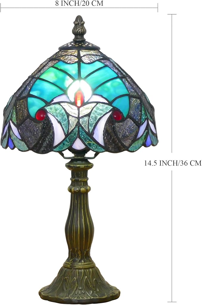 Small Tiffany Lamp Mini Stained Glass Table Lamp Bedside Accent Lamp Memory Sympathy 8X14.5 Inch (Green Liaison Style)