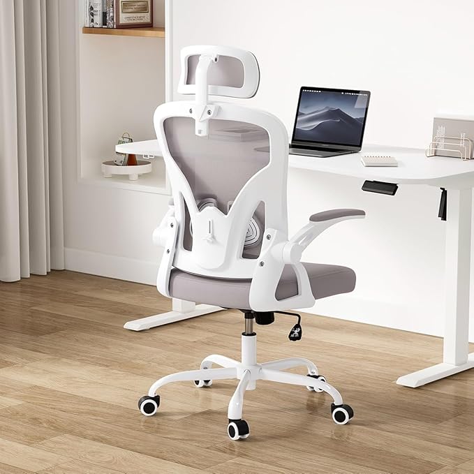 Farini Ergonomic Office Chair, Home Office Desk Chair with Headrest, High Back Computer Chair with Armrests and Adjustable Lumbar Support for Home Office Study Room, White & Gray