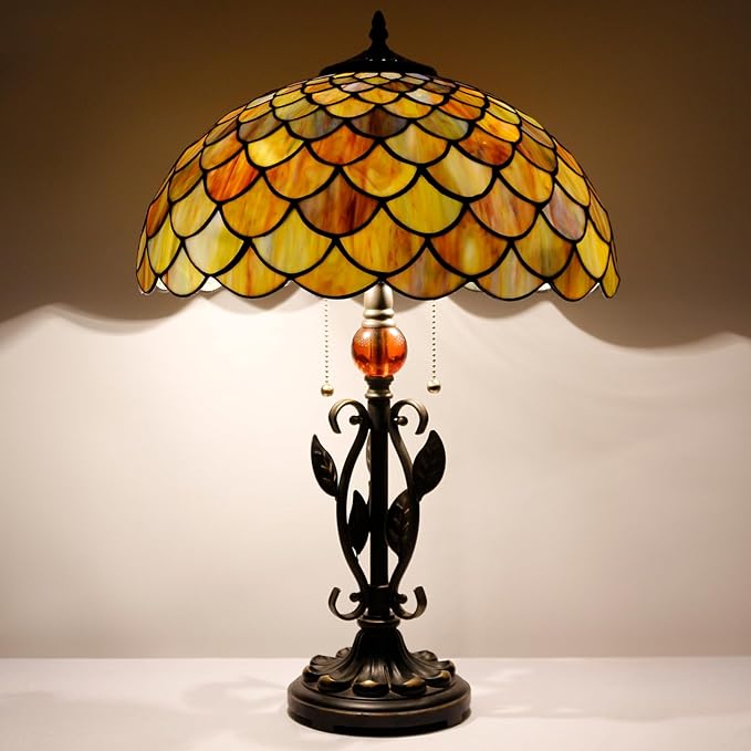 Tiffany Table Lamp Fish Scales Stained Glass Desk Reading Light 16X16X24 Inch Metal Leaf Base for Bedroom Living Room Home Office