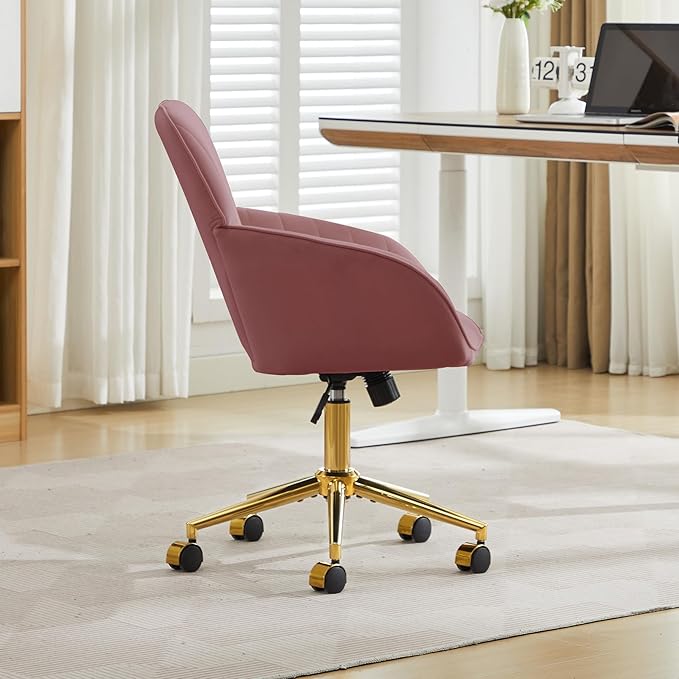 YISHENG Velvet Office Desk Chair with Gold Base, with Wheels,Modern Height Adjustable 360 Degree Swivel Upholstered Vanity Chairs with Arms for Living Room Bedroom,Rose