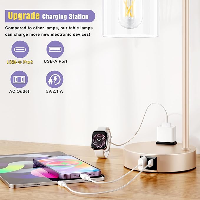 Industrial Touch Table Lamps for Bedrooms Set of 2 - 3-Way Dimmable Lamps with USB C+A Ports and Outlet, Champagne Gold Bedside Lamps with Clear Glass Shade for Living Room, Desk Lamps for Home Office