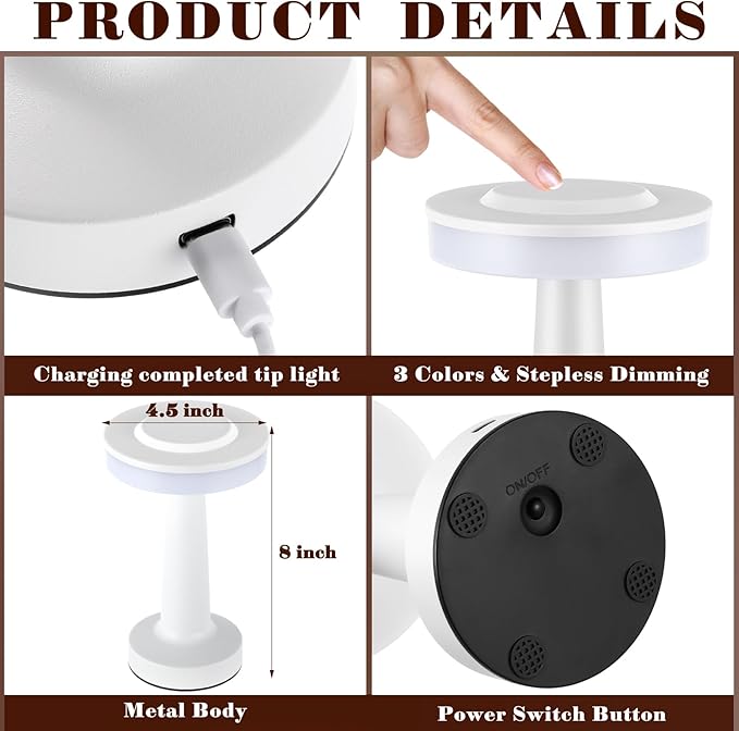 Riakrum Set of 2 LED Portable Cordless Table Lamp with Touch Sensor 3 Color Stepless Dimming Rechargeable Battery up to 15 Hours Cordless Table Light Wireless Lamp for Nursery(White,4 Pcs)