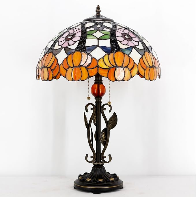 Tiffany Table Lamp Yellow Flower Stained Glass Desk Reading Light 16X16X24 Inch Metal Leaf Base for Bedroom Living Room Home Office