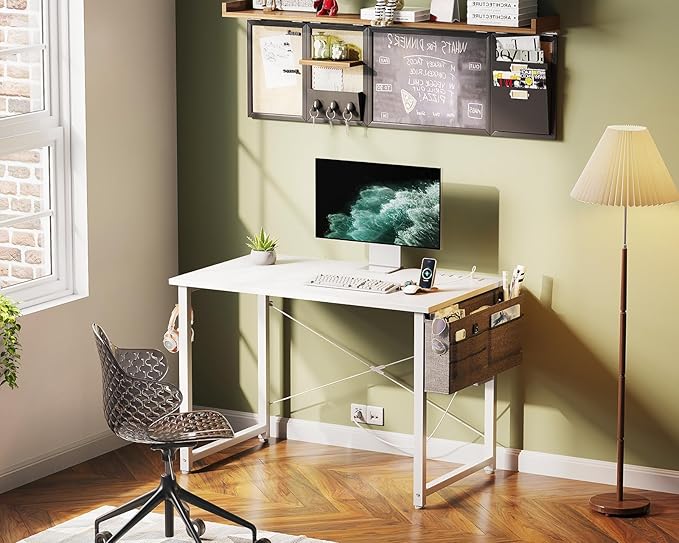 KKL Small Desk with Power Outlets and USB Port Computer Desk for Home Office Gaming Simple Modern Style Writing Desks with Storage Bag Headphone Hook, 32 inch, White