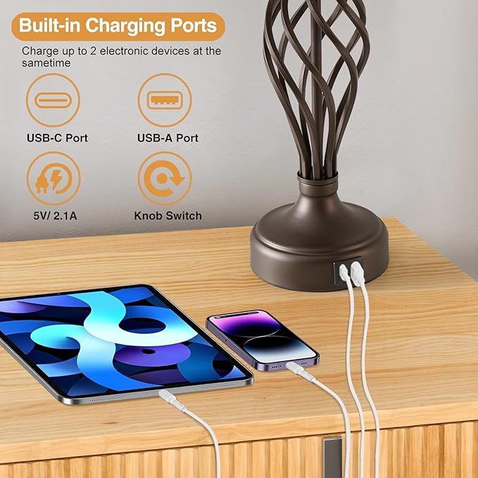 Table Lamp for Bedroom Set of 2 with USB C+A Ports - Modern Brown Bedside Lamps with Spiral Cage Base Fabric Shade - Nightstand Lamp for Living Room Reading Bed Side End Table 2 LED Bulbs Included