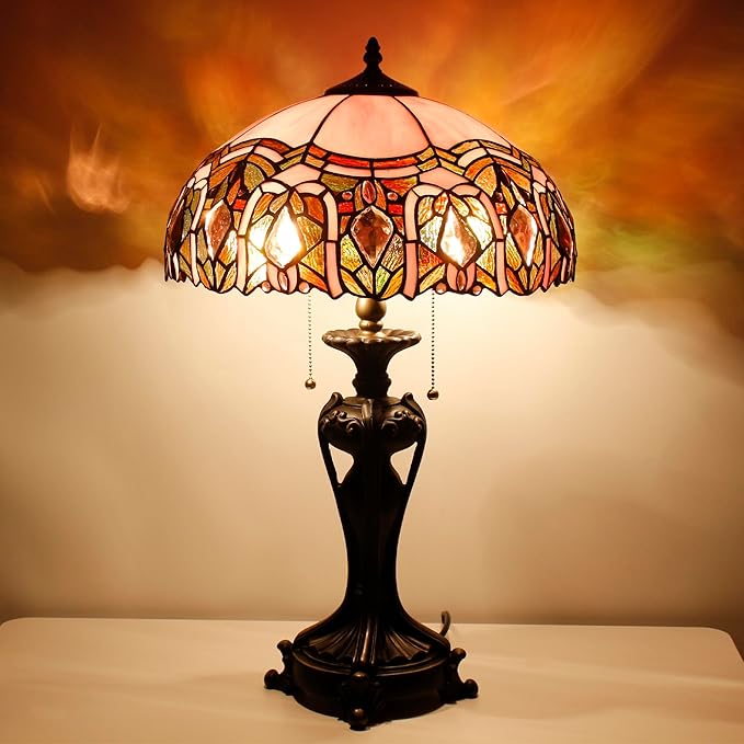 Tiffany Lamp Stained Glass Table Lamp 16X16X24 inchTiffany Style Desk Reading Light Resin Base Decor Bedroom Living Room Home Office (Pink Jewelry)