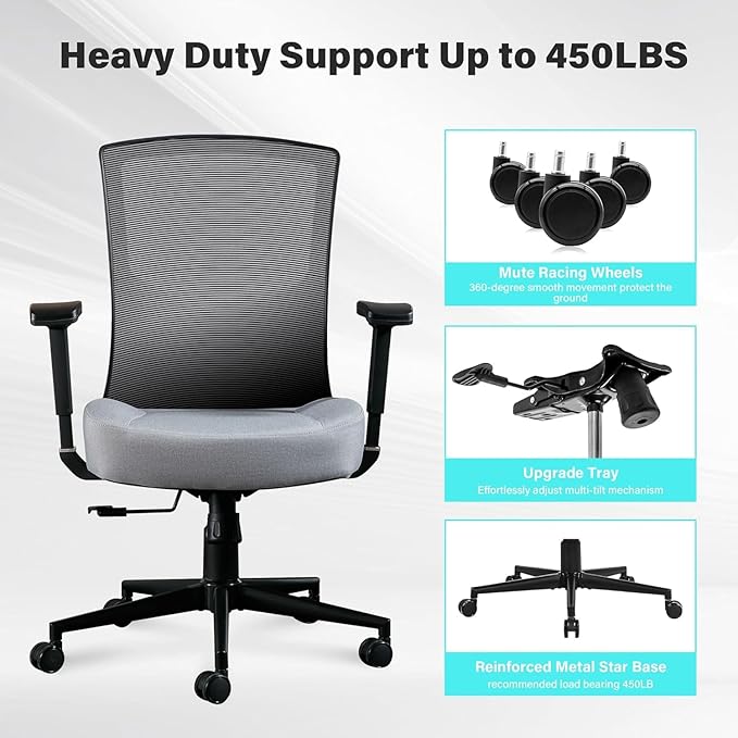 Blue Whale Big and Tall Office Chair 450lbs, Ergonomic High Back Computer Desk Chair for Heavy People with 2D Adjustable Waist Support and Heavy Duty Metal Base Mesh Chair