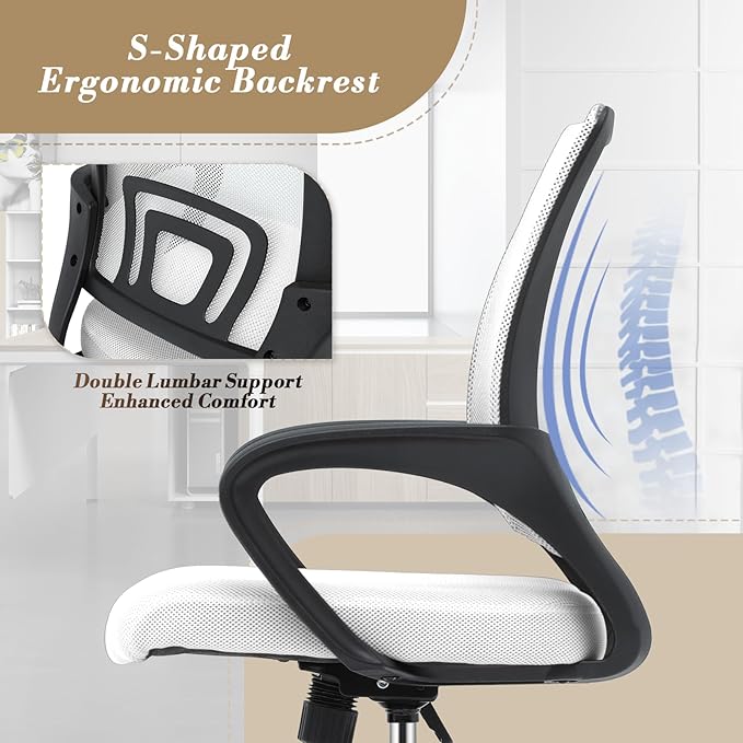Athena Collection Computer Office Chair, Ergonomic Desk Chair with Rolling Wheels, Mesh Back Support and Height Adjustable, Small and Comfy for Home Office, Study, White