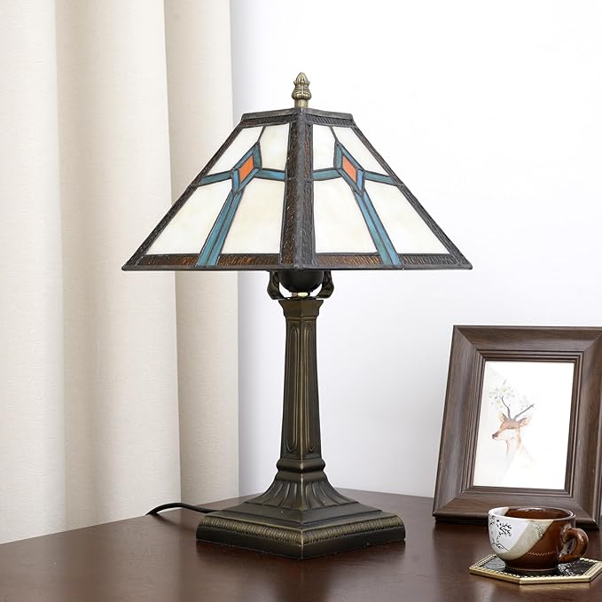 Tiffany Style Table Lamp Mission Design Stained Glass Lamp Vintage Handmade Nightstand Lamp with LED Bulbs Included for Home Living Room Bedroom Office