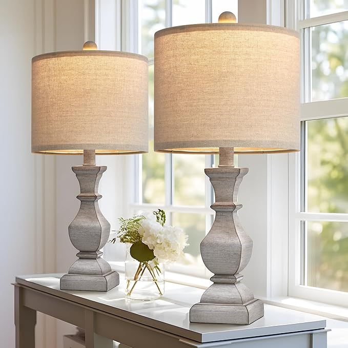 PoKat 20.5'' Table Lamps Set of 2, Vintage Bedside Lamps for Bedroom, Farmhouse Lamp for Living Room, Small Lamp for Nightstand, Retro Side Table Lamp, Grey