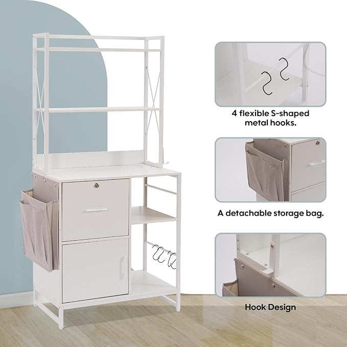 Vertical File Cabinet,Filing Cabinet with Shelves,Charging Station,Hanging Pouch and Hooks,Vertical Filing Cabinet Fits Letter/A4/Legal Size (White)