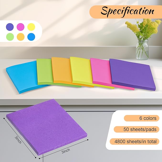 96 Pads Sticky Notes, 3 x 3 in, 50 Sheets/Pad, 6 Bright Colors Sticky Notes, Self-Stick Notes, Easy to Post for Home Office