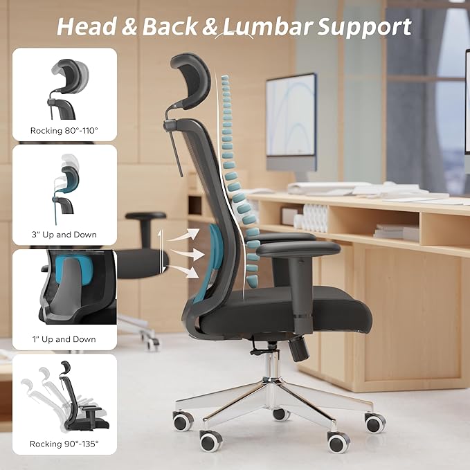 Ergonomic Office Chair, Mesh Desk Chair with Adjustable Headrest and 2D Armrest,Computer Chairs with Lumbar Support, Big and Tall Office Chair 400lbs, Large (01black)