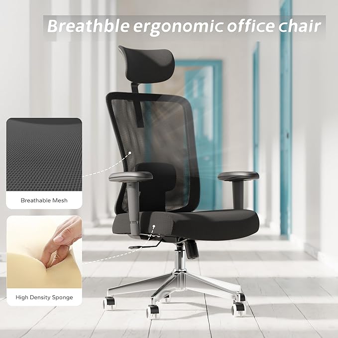 Ergonomic Office Chair, Mesh Desk Chair with Adjustable Headrest and 2D Armrest,Computer Chairs with Lumbar Support, Big and Tall Office Chair 400lbs, Large (01black)