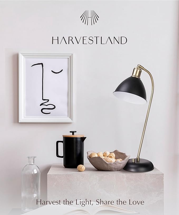 HarvestLand Halo Black Table Lamps – Adjustable Reading Lamp, Metal Desk Lamp, Industrial Table Lamp with Solid Base for Bedside, Home Office, Black Desk Lamp