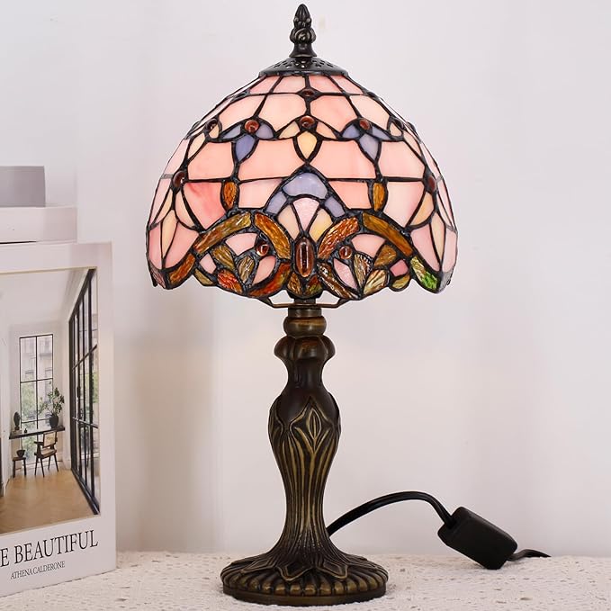 Small Tiffany Lamp Stained Glass Table Lamp Mini Desk Accent Light for Bedroom Bedside Reading Home Antique Style Decor 8X15 Inches (Pink Baroque)