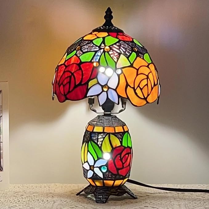 Small Tiffany Lamp Stained Glass Table Lamp Mini Mother Daughter Vase Desk Accent Night Light for Bedroom Bedside Reading Home Antique Style 8X14 Inches (Red Yellow)