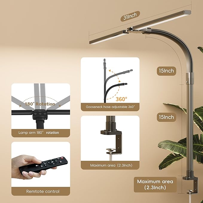 LED Double Head Desk Lamp,24W Brightest Architect Double Swing-arm Table Lamps,5 Adjustable Brightness Color Temperature ,for Workbench/Monitor/Home/Reading/Offices/Bedrooms/Dormitories