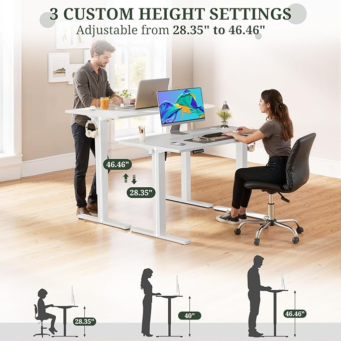 55 x 24 in Electric Standing Desk - Memory Height Adjustable Ergonomic Sit-to-Stand Rising Computer Table Gaming Workstations with 2 Hooks and Wire Hole for Home Office, White