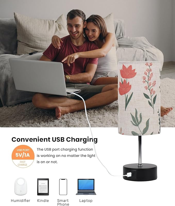 Touch Bedside Table Lamp, 2 USB Ports, 3-Way Dimmable Bedside Lamp for Bedroom, Nightstand Lamp with Round Flower Fabric Shade for Living Room, Home Office