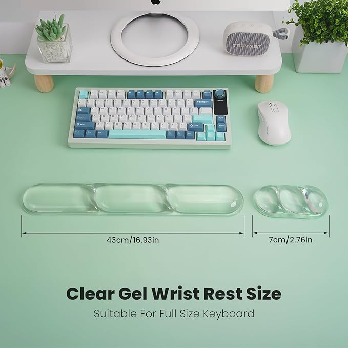 TECKNET Clear Gel Wrist Rest for Computer Keyboard, Ergonomic Gel Keyboard Wrist Rest Set for Typing Pain Relief, Comfortable Silicone Wrist Support Pad for Office/Computer/Laptop/Gaming, Transparent