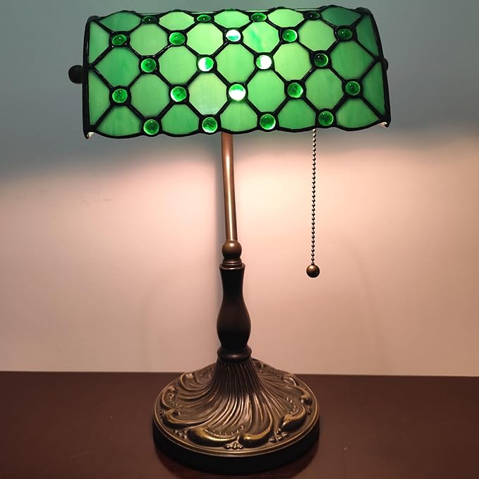 Small Tiffany Style Banker Table Lamp Small Stained Glass Piano Desk Lamp Vintage Bedside Lamp for Home Living Room Office (Green Pearls Style)