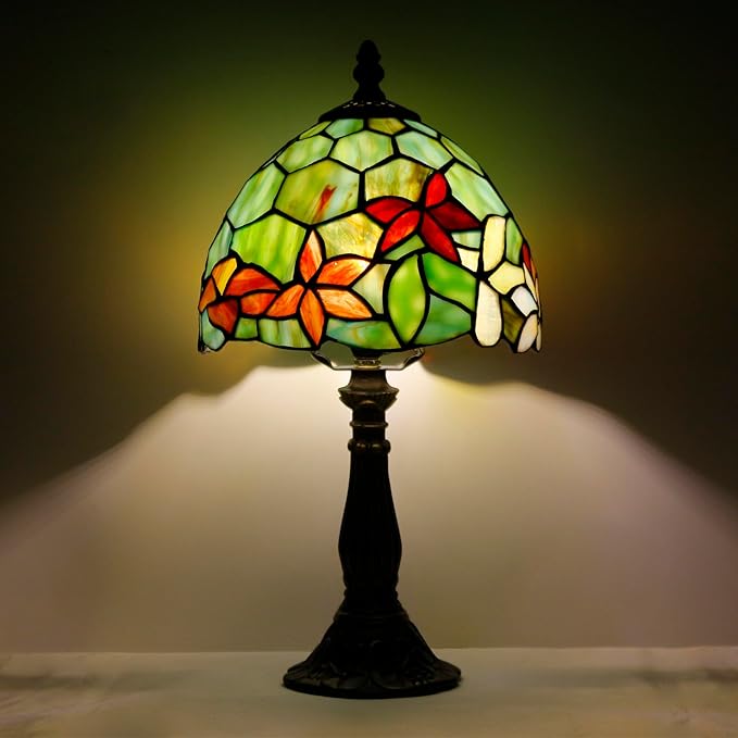 Tiffany Lamp Touch Control Table Lamp Red Yellow Green Flowers Stained Glass Desk Lamp 8X8X14.5 Inches Reading Light