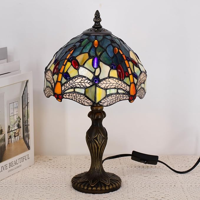 Small Tiffany Lamp Stained Glass Table Lamp Mini Desk Accent Light for Bedroom Bedside Reading Home Antique Style Decor 8X15 Inches (Blue Yellow)