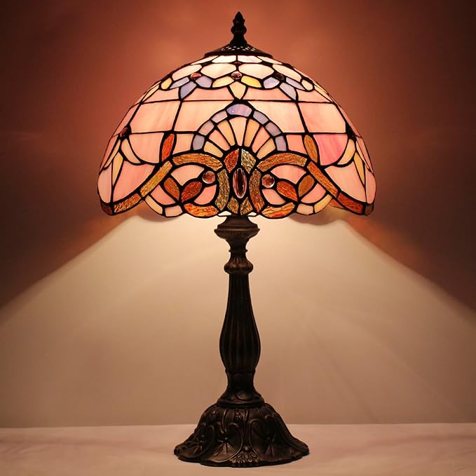 Tiffany Lamp Touch Control Table Lamp Pink Stained Glass Desk Lamp 12X12X19 Inches Baroque Style Reading Light
