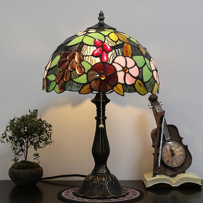 Tiffany Lamp 12-inch Grape Rose Stained Glass Lamp, Bedside Table Lamp, Suitable for Bedroom, Living Room, Home Office, Home Decor Art, E26 Bulb (Not Included in Delivery)