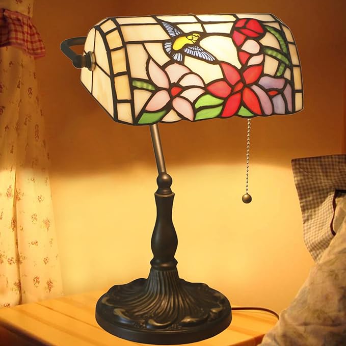 Tiffany Style Stained Glass Bankers Desk Lamp, Rose Flower Pattern, Multicolor, Alloy Base, 10.62" W x 15.35" H