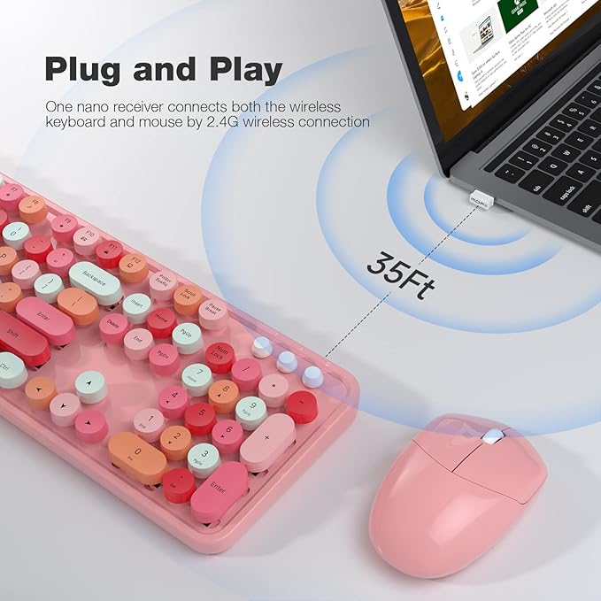Wireless Keyboard and Mouse Combo - GEEZER Peach Pink Full-Sized Colorful Keyboard 104 Keys - USB 2.4 G Receiver Plug and Play with Round Keycap Typewriter Keyboards, for Windows, PC, Laptop, Desktop