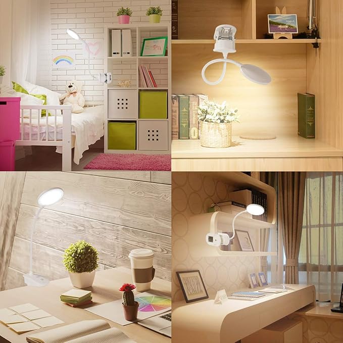 Miady 2 Pack Clip on Lamp,Battery Powered Reading Light,Clamp for Bed with 3 Brightness Level,USB Rechargeable