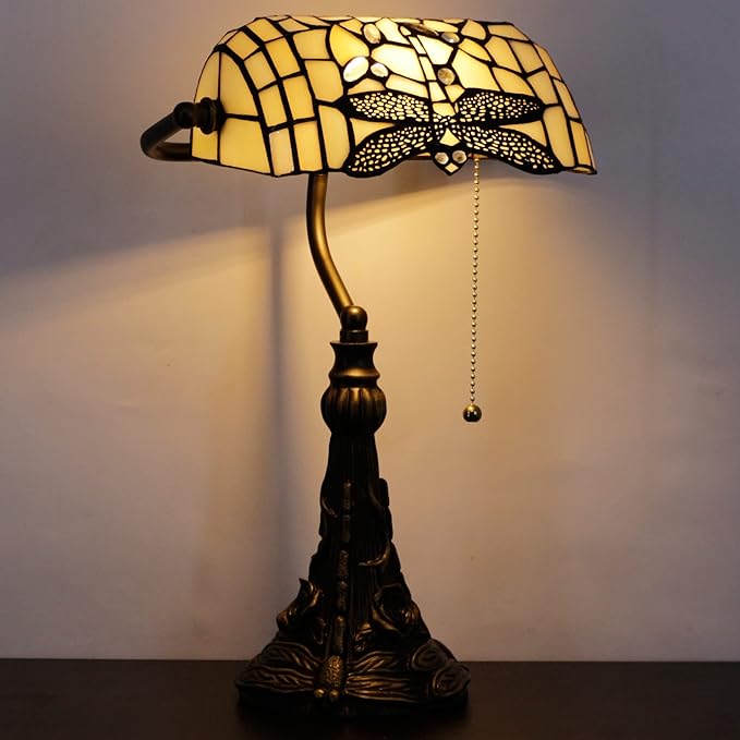 Tiffany Banker Lamp Small Stained Glass Table Lamp Tiffany Style Piano Light Cream Dragonfly Style Desk Lamp Angle Adjustable 10.6X15.7 Inch for Home Office Living Room Bedroom