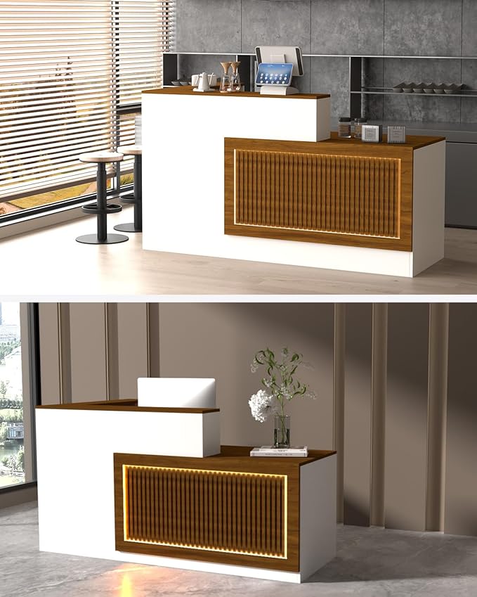 L-shaped Reception Desk, Solid Wood Reception Desk with Counter, Check out Stand with Lockable Drawer & Cabinet, Retail Checkout Counter for Office, Store, Beauty Salon (L-Shaped-Dark Walnut-R, 63in)