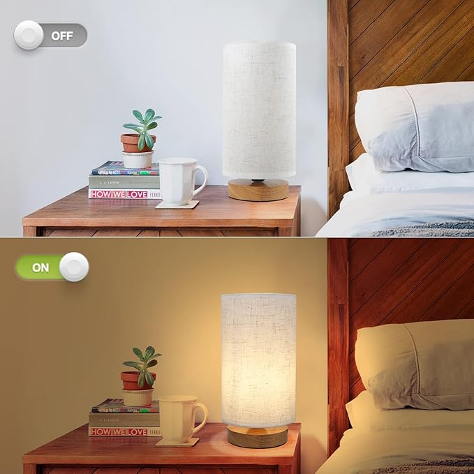 Table Lamps for Bedrooms Set of 2, Minimalist Bedside Lamps Set with Round Fabric Linen Shade,Reading Small Desk Lamp Set of 2 for Kids Room, Night Nightstand Lamp Set for Living Room, Office