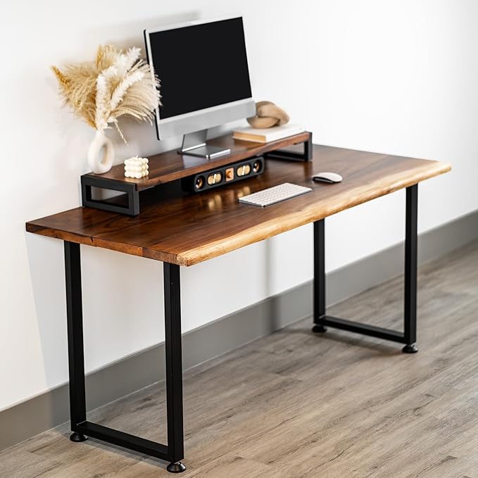 Solid Walnut Wood Computer Desk with Monitor Stand – Live Edge Wooden Home Office Desk – Handmade Real Wood Table for Work, Study, or Gaming - 60” x 27”