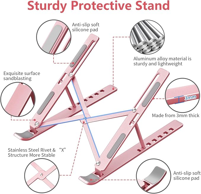 Laptop Stand for Desk, Aluminum Metal MacBook Stand,Computer Riser for Desk, Portable Foldable Adjustable Notebook Holder, Compatible with 10-15.6 Inch Laptops, iPad, Rose Gold.