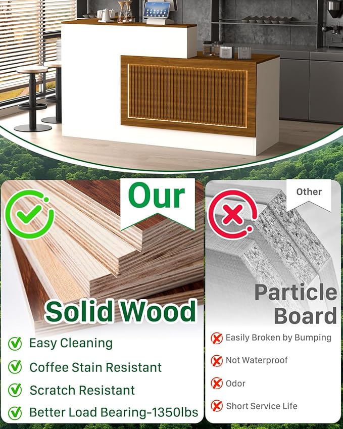L-shaped Reception Desk, Solid Wood Reception Desk with Counter, Check out Stand with Lockable Drawer & Cabinet, Retail Checkout Counter for Office, Store, Beauty Salon (L-Shaped-Dark Walnut-R, 63in)