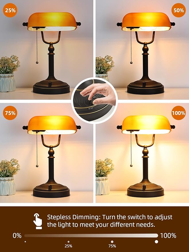 Newrays Matted Amber Glass Bankers Desk Lamp, Stepless Dimmable Table Lamp Plug in Fixture for Study, Home Office,Library, LED Bulb Included