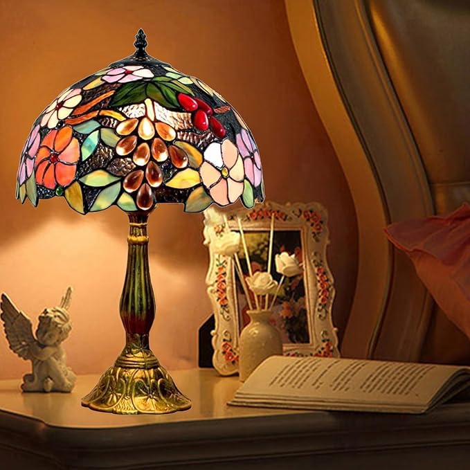 Tiffany Table Lamp Hand-Made Grape Rose Stained Glass Table Lamps Bedside Nightstand Lamp for Bedroom, Living Room, Home Office Desk Lamp,Home Deco Art,W/LED E26 Bulb,12X12X18Inch