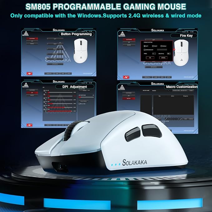 SOLAKAKA SM805 Lightweight Wireless Gaming Mouse,24000 DPI,Tri-Modes Connection,BT5.0/Type-C Wired/2.4G Wireless Mouse Gaming with 2 Side Buttons, Engineering Grip Custom Mouse for Gamer,White