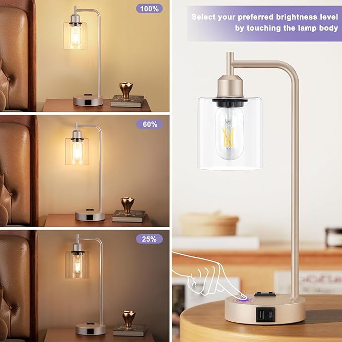 Industrial Touch Table Lamps for Bedrooms Set of 2 - 3-Way Dimmable Lamps with USB C+A Ports and Outlet, Champagne Gold Bedside Lamps with Clear Glass Shade for Living Room, Desk Lamps for Home Office