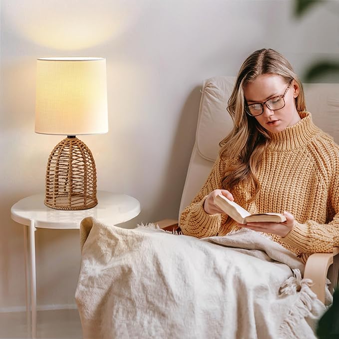 Rattan Lamp Boho Lamps Set of 2-13.75" Mini Farmhouse Table Lamp Rustic End Table Decorative Small Lamps for Small Spaces Bedroom Nightstand Living Room Reading Desk Side Table Lamp