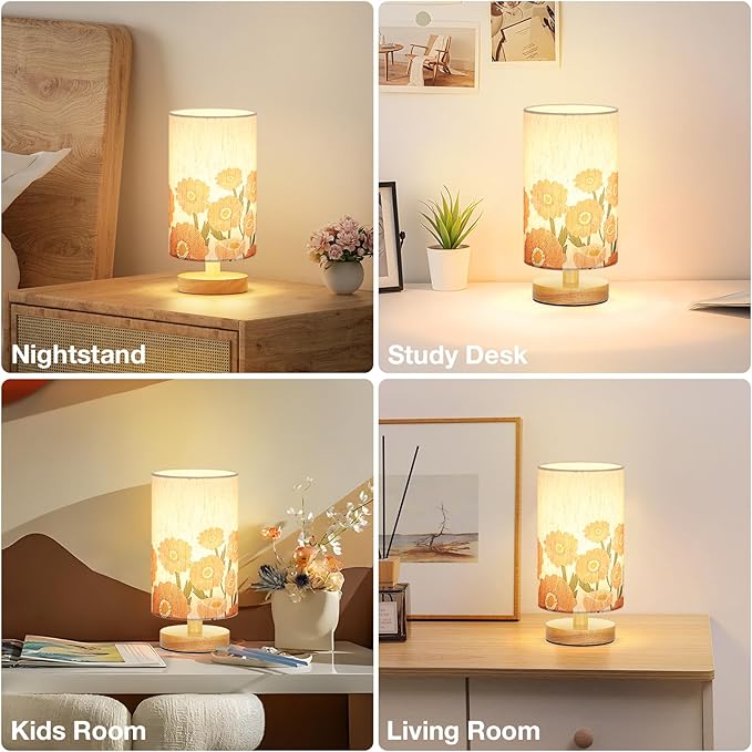 Sunflower Table Lamp for Bedroom - Inline Control, Small Bedside Lamp with 3000K A15 LED Blub, Easy Assembly (Sunflower Cream Shade, 9" Inline Control)