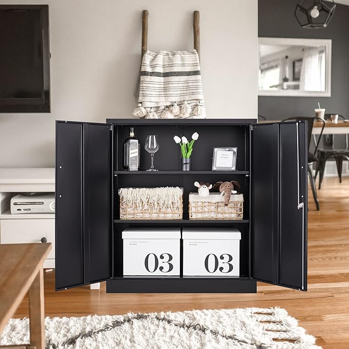 Letaya Metal Storage Cabinets with Lock, Small Locker Steel Cabinets, Adjustable Shelves 2 Doors for Home,Office, Warehouse,Garage(Black-36)
